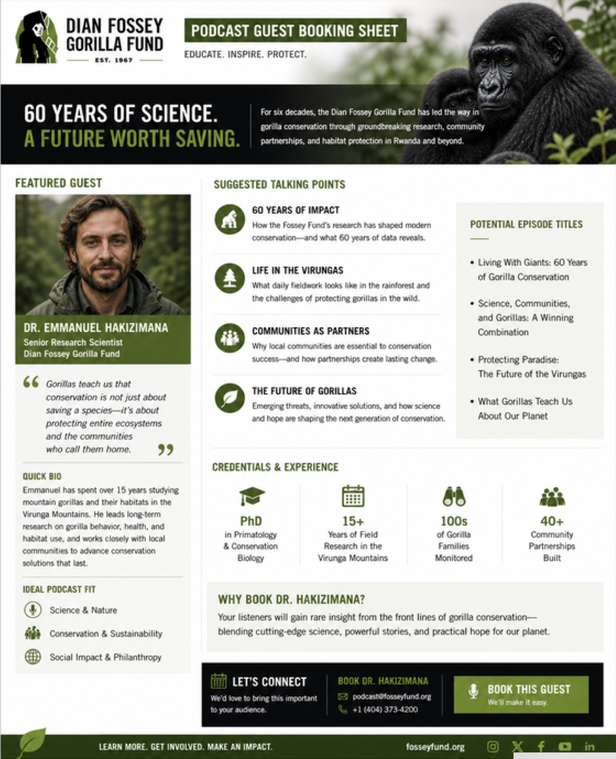 Mockup of a one-page podcast guest booking sheet for a Fossey Fund research scientist, with talking points, episode ideas and credentials