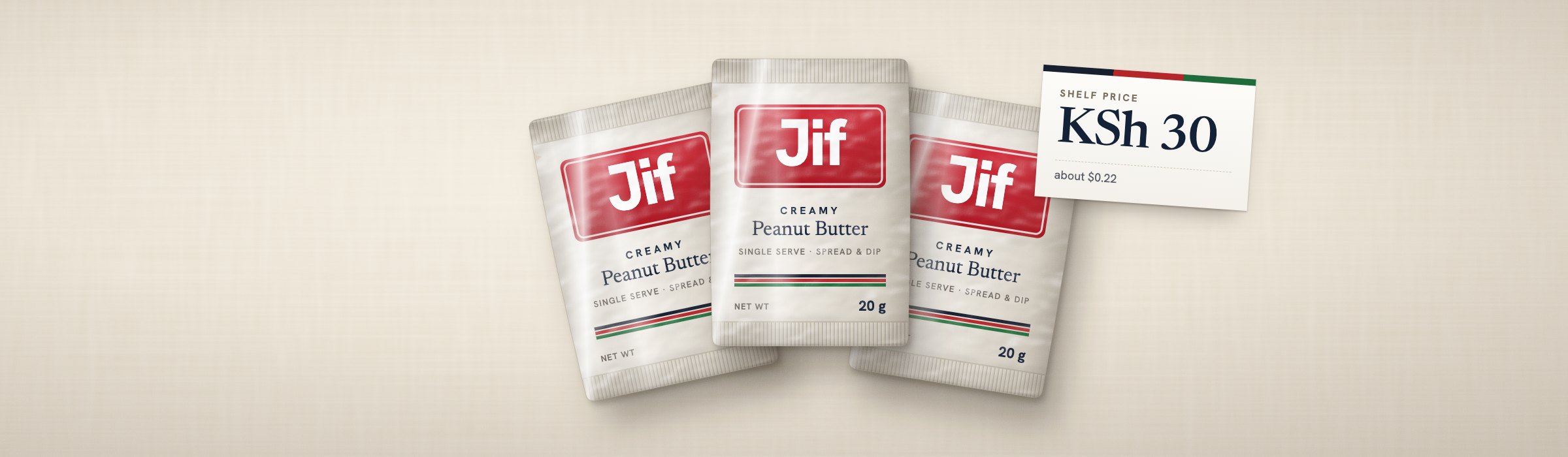 Concept art of three 20 g Jif creamy peanut butter sachets with a Kenyan-flag stripe, beside a paper shelf tag reading KSh 30, about $0.22