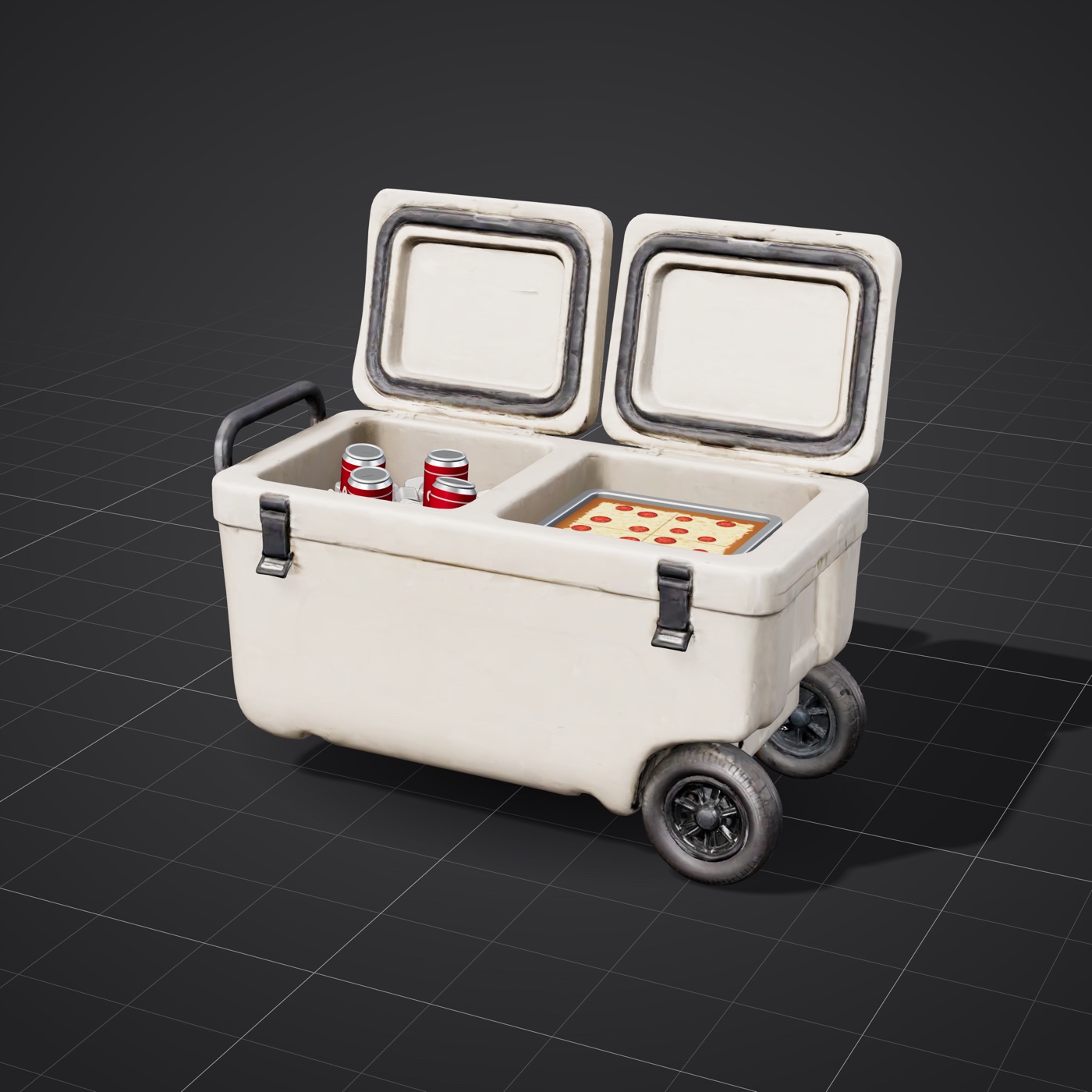 Render of the Polar Flame cooler: cold drinks on ice on one side, pizza kept hot on the other