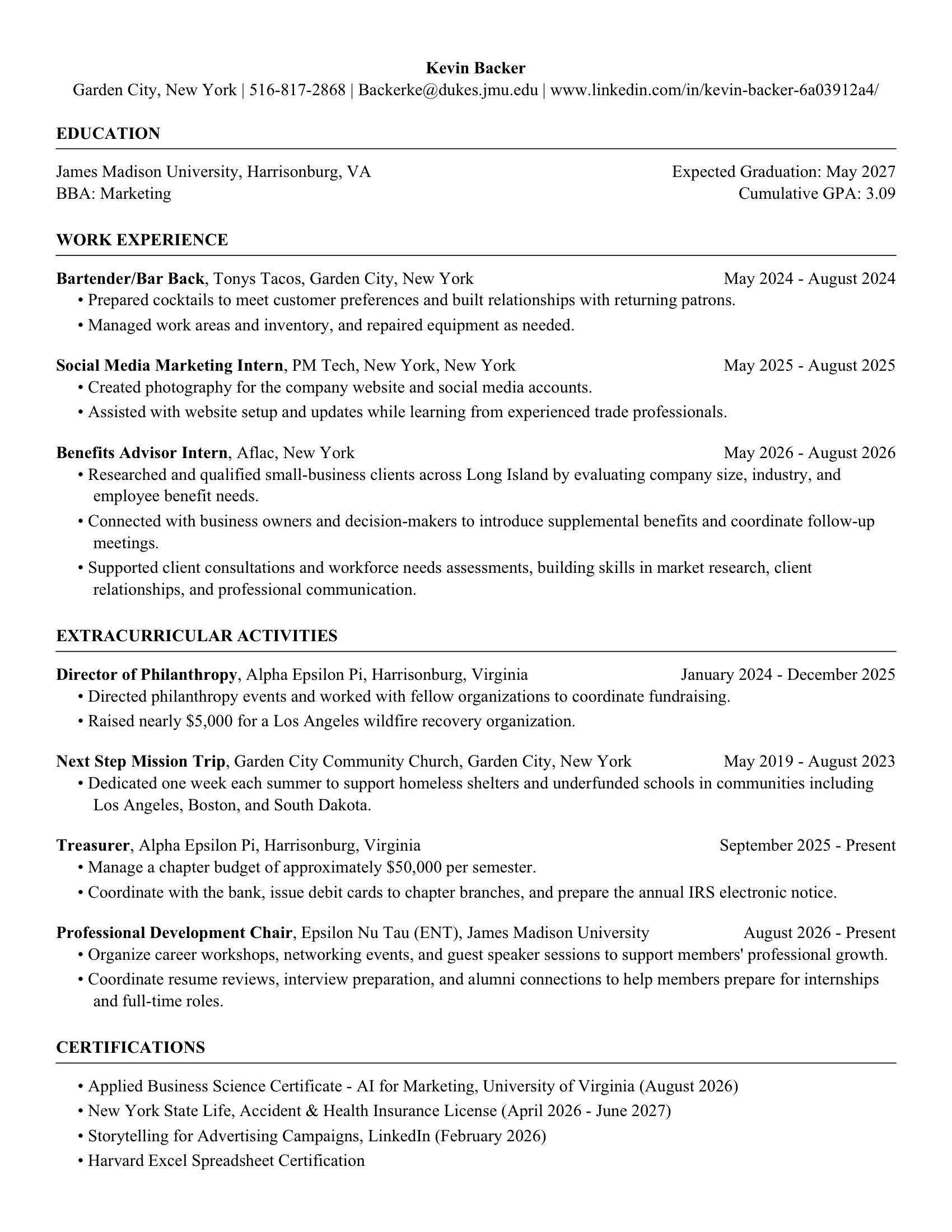 Kevin Backer's one-page resume: education at James Madison University, work at Tony's Tacos, PM Tech and Aflac, extracurricular roles in Alpha Epsilon Pi and Epsilon Nu Tau, and certifications