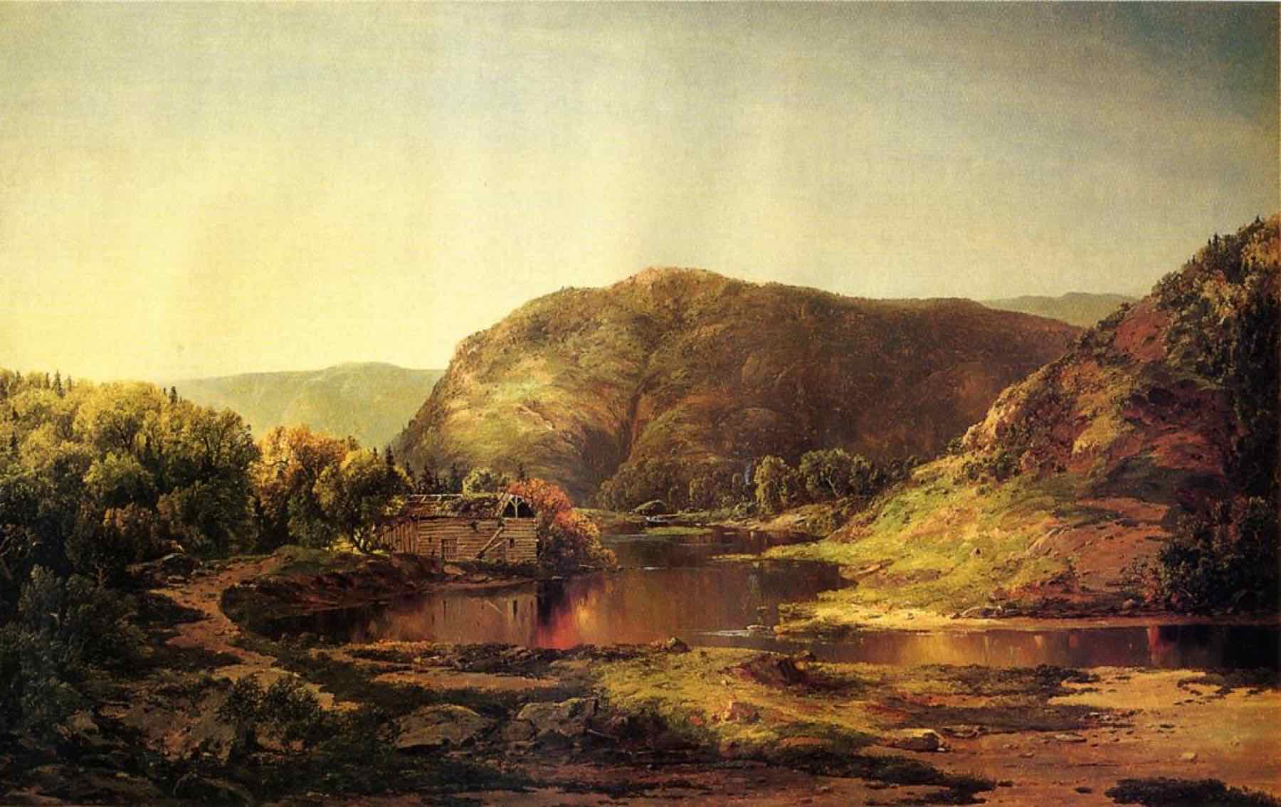 Nineteenth-century painting of the Shenandoah Valley: a river bend below wooded hills in late-afternoon light